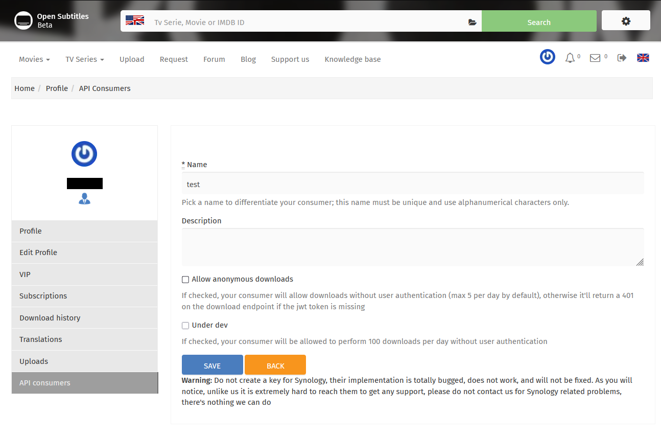 Api key guide. A screenshot of OpenSubtitles config page.