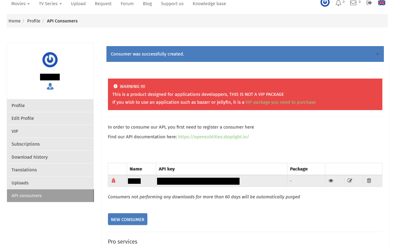 Api key guide. A screenshot of OpenSubtitles config page.