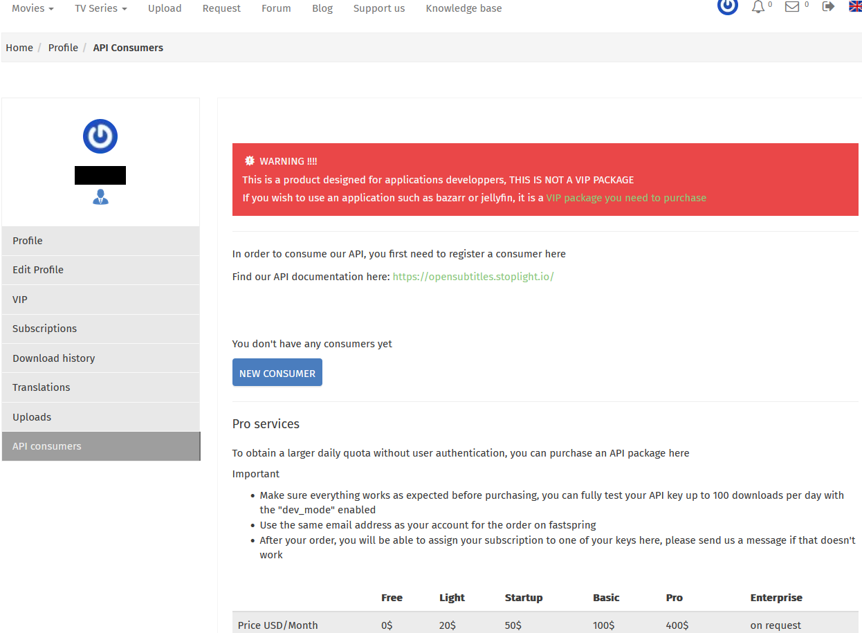 Api key guide. A screenshot of OpenSubtitles config page.